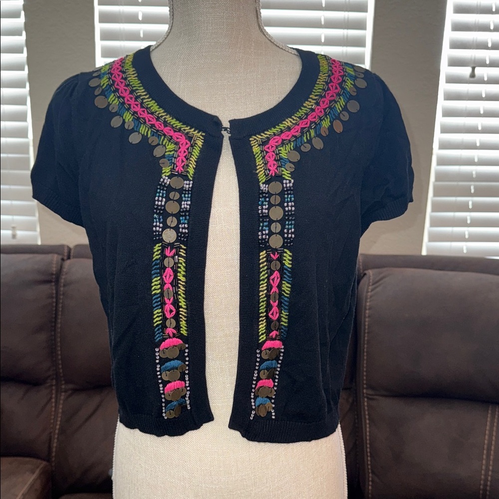 INC Large Black Embroidered Cropped Cardigan with Bright Trim